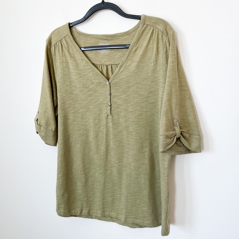 Chico's The Ultimate Tee Henley Shirt Cotton Modal‎ Womens XL Green